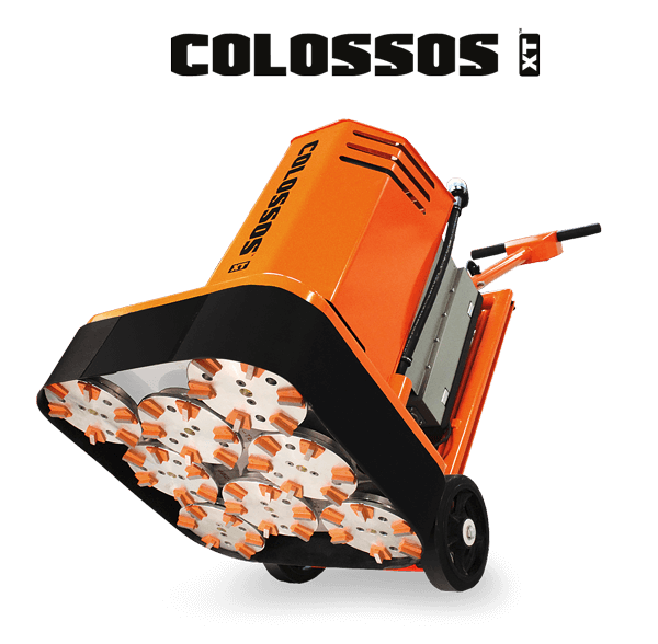 Colossos XT floor grinder tilted up to show tooling and multi-disc drive plates